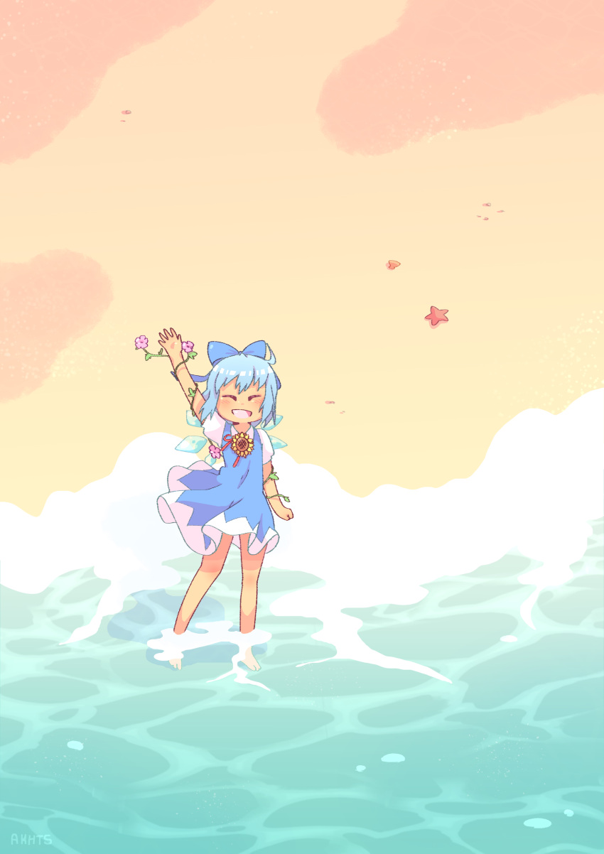 1girl absurdres akhts arm_up artist_name barefoot beach blue_bow blue_dress blue_hair blush bow cirno closed_eyes collared_shirt dark-skinned_female dark_skin detached_wings dress english_commentary flower full_body hair_bow highres neck_ribbon ocean open_mouth outdoors pinafore_dress promotional_art puffy_short_sleeves puffy_sleeves purple_flower red_ribbon ribbon seashell shell shirt short_hair short_sleeves solo standing sunflower tanned_cirno touhou wading waves waving white_shirt wings yellow_flower