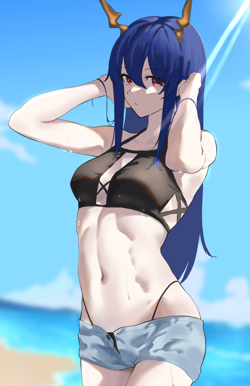 1girl arknights arms_behind_head arms_up beach blue_hair ch'en_(arknights) clouds highres horns long_hair looking_at_viewer natoriusu_sansei ocean red_eyes shorts sky solo swimsuit wet