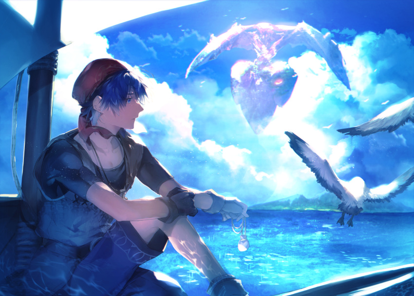1boy amulet armor bandana belt bird black_shirt blue_eyes blue_hair blue_shorts boat boots chainmail chrono_cross clouds cloudy_sky floating_island gloves hair_between_eyes highres holding holding_jewelry holding_necklace island jewelry mast necklace ocean pendant profile red_bandana sail sailboat serge_(chrono_cross) shirt short_hair shorts sitting sky solo sunakumo t-shirt watercraft wings
