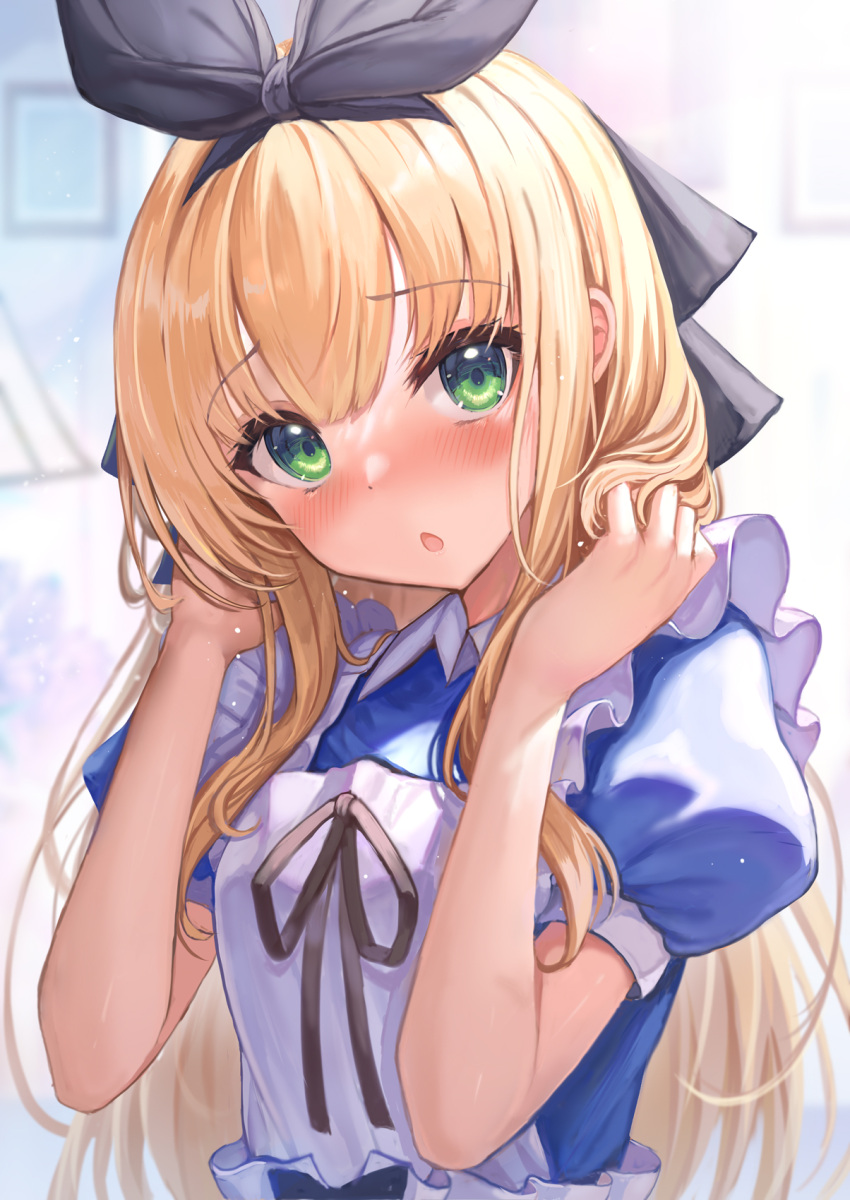 1girl :o akabane_(zebrasmise) black_hairband blonde_hair copyright_request green_eyes hairband highres long_hair looking_at_viewer mononobe_alice nijisanji solo