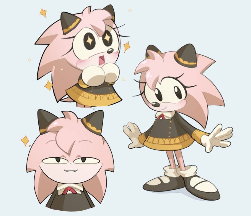 +_+ 1girl amy_rose anya's_heh_face_(meme) anya_(spy_x_family) anya_(spy_x_family)_(cosplay) black_dress black_eyes black_footwear blue_background blush cosplay dress furry furry_female hunniies11 looking_down meme multiple_views open_hands parted_lips smile sonic_(series) sonic_the_hedgehog_(classic) sparkle spy_x_family white_eyes