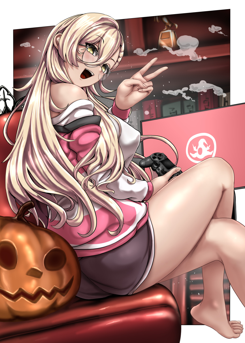 absurdres ass blonde_hair crossed_legs fang game_boy glasses hair_between_eyes handheld_game_console highres jacket long_hair nijisanji nipples nui_sociere off_shoulder pumpkin shorts v virtual_youtuber yaruku yellow_eyes