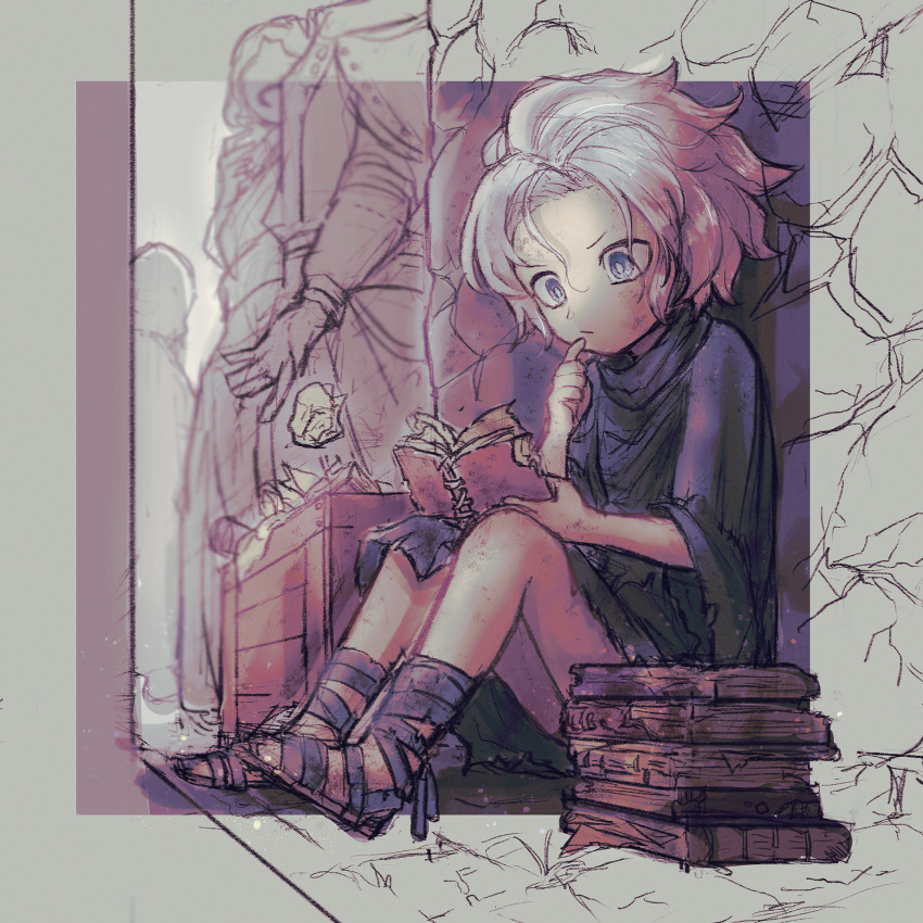 1boy against_wall androgynous annouu_ronpa belafu_(human) blue_eyes book book_stack bright_pupils closed_mouth commentary_request crate crumpled_paper finger_to_mouth gloves grey_hair grey_shirt highres knees_up made_in_abyss male_child on_ground open_book outdoors people rags reading sandals shirt short_hair sitting solo_focus wall white_pupils wide_sleeves younger