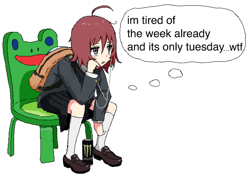 1girl ahoge aiu404l arm_support backpack bag black_skirt blush_stickers brown_footwear chair english_text grey_jacket highres jacket leaning_forward loafers long_sleeves miniskirt monster_energy original parted_lips red_eyes redhead shoes sitting skirt socks solo white_legwear