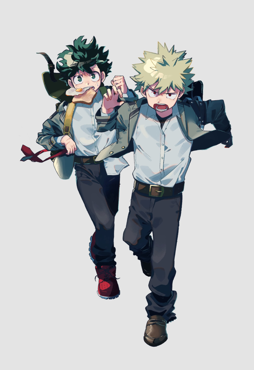 2boys absurdres bakugou_katsuki belt blazer blonde_hair boku_no_hero_academia brown_belt brown_footwear clenched_hand collared_shirt flower food food_in_mouth freckles fried_egg fried_egg_on_toast full_body green_eyes green_hair grey_background grey_jacket highres holding_necktie jacket late_for_school looking_at_viewer male_focus midoriya_izuku mouth_hold multiple_boys necktie niwa2wa_tori open_clothes open_jacket open_mouth pants red_flower red_necktie running school_uniform shirt shoes short_hair simple_background spiky_hair toast toast_in_mouth u.a._school_uniform white_shirt