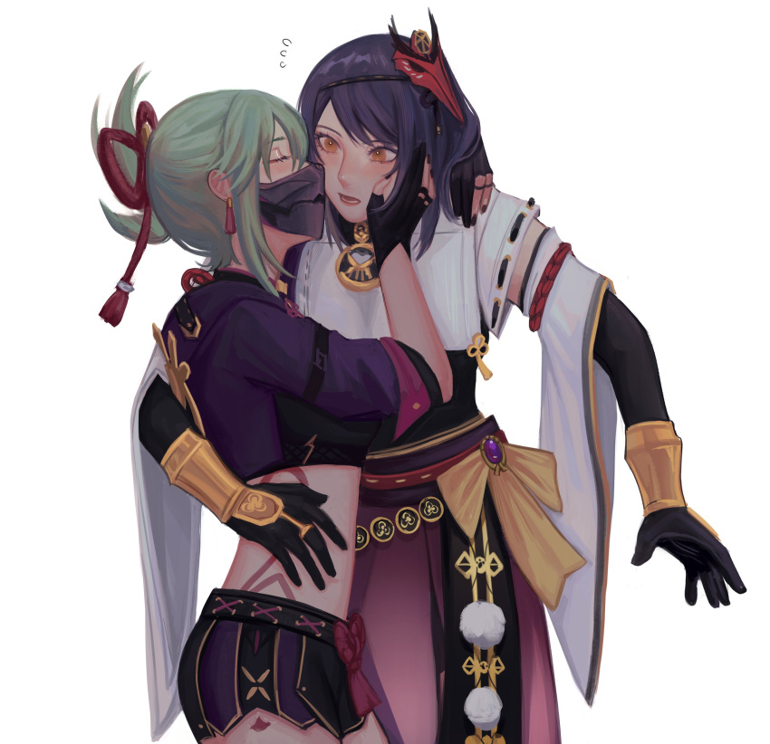 2girls 65gh0st absurdres arm_around_waist blue_hair blush closed_eyes detached_sleeves earrings elbow_gloves fingerless_gloves genshin_impact gloves green_hair hand_on_another's_face highres japanese_clothes jewelry kiss kissing_cheek kujou_sara kuki_shinobu lips mask medium_hair midriff miko mouth_mask multiple_girls simple_background surprised white_background yellow_eyes yuri