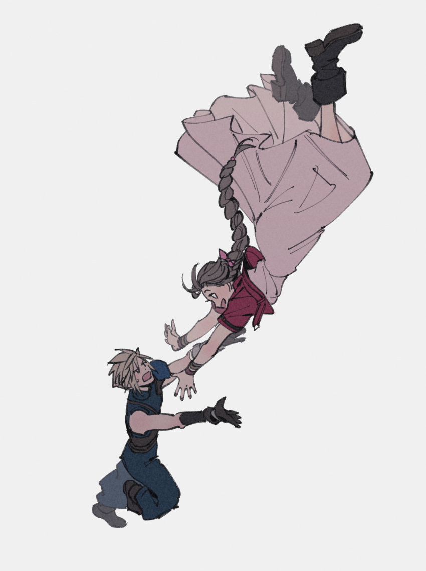 1boy 1girl aerith_gainsborough armor belt blonde_hair blue_pants blue_shirt boots braid braided_ponytail brown_hair catching cloud_strife cropped_jacket dress final_fantasy final_fantasy_vii final_fantasy_vii_remake full_body gloves hair_ribbon highres jacket long_dress long_hair multiple_belts multiple_bracelets oimo_(oimkimn) open_mouth outstretched_arms pants pink_dress red_jacket ribbon shirt short_hair shoulder_armor smile spiky_hair suspenders sweatdrop white_background
