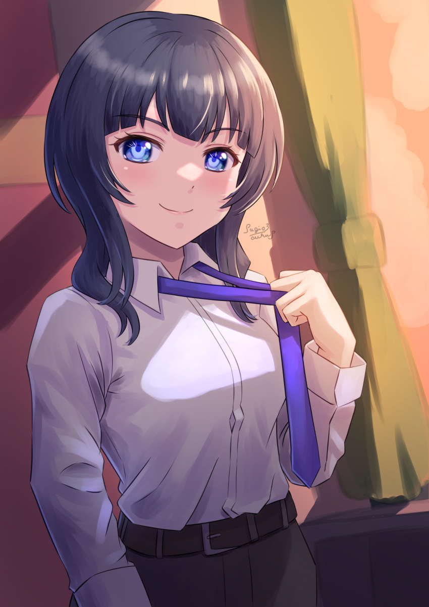 1girl asaka_karin bangs blue_eyes blue_hair blue_necktie breasts highres large_breasts love_live! love_live!_nijigasaki_high_school_idol_club medium_hair necktie shirt sugi_(sugi03aurus) swept_bangs white_shirt