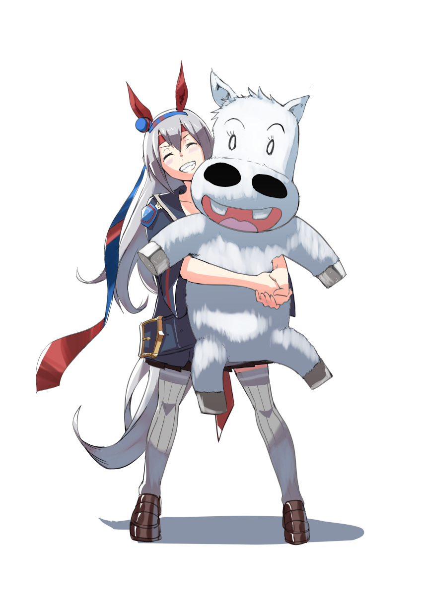 0_0 1boy 1girl absurdres animal animal_ears brown_footwear closed_eyes ear_covers facing_viewer grey_legwear hair_between_eyes hairband headband highres holding holding_animal horse_ears horse_girl imuka041 loafers long_hair midori_makibaoo midori_no_makibaoo pleated_skirt red_headband ribbed_legwear sailor_collar sailor_shirt shirt shoes skirt tamamo_cross_(umamusume) thigh-highs trait_connection umamusume white_background