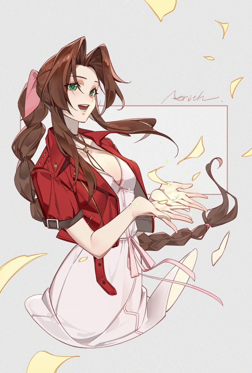 1girl aerith_gainsborough bangs bracelet_removed braid braided_ponytail breasts brown_hair character_name choker cropped_jacket crow0cc dress falling_petals final_fantasy final_fantasy_vii final_fantasy_vii_remake green_eyes grey_background hair_ribbon highres jacket long_hair lower_teeth medium_breasts open_mouth own_hands_together parted_bangs petals pink_dress red_jacket ribbon short_sleeves sidelocks smile solo teeth upper_body upper_teeth