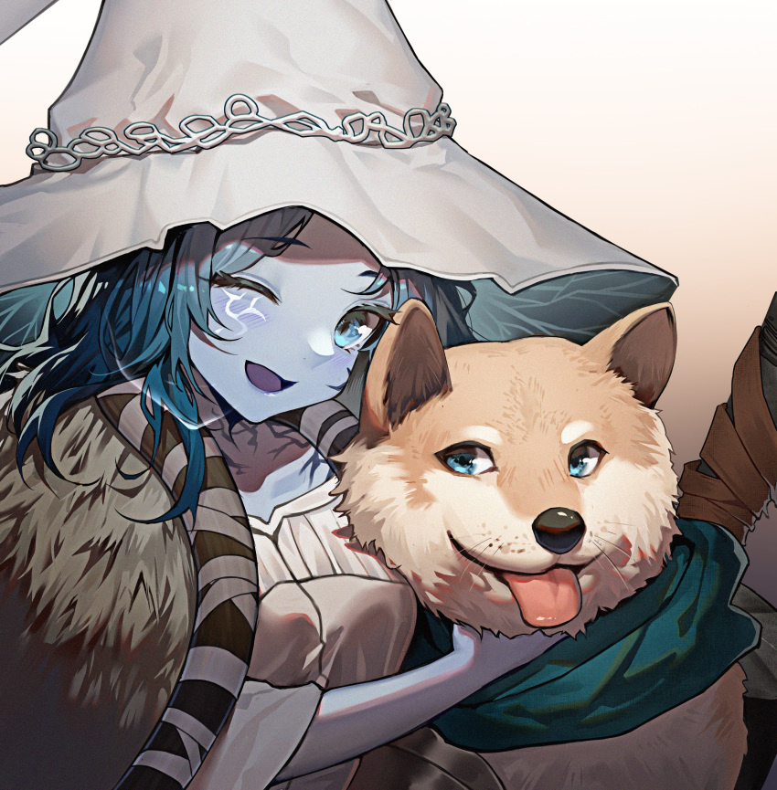 1girl ;d absurdres blue_eyes blue_hair blue_skin chinese_commentary cloak colored_skin commentary_request cracked_skin dog elden_ring fur_cloak gradient gradient_background green_scarf hat highres looking_at_viewer medium_hair one_eye_closed open_mouth petting ranni_the_witch scarf shiba_inu smile solo stkme upper_body white_background white_headwear witch_hat