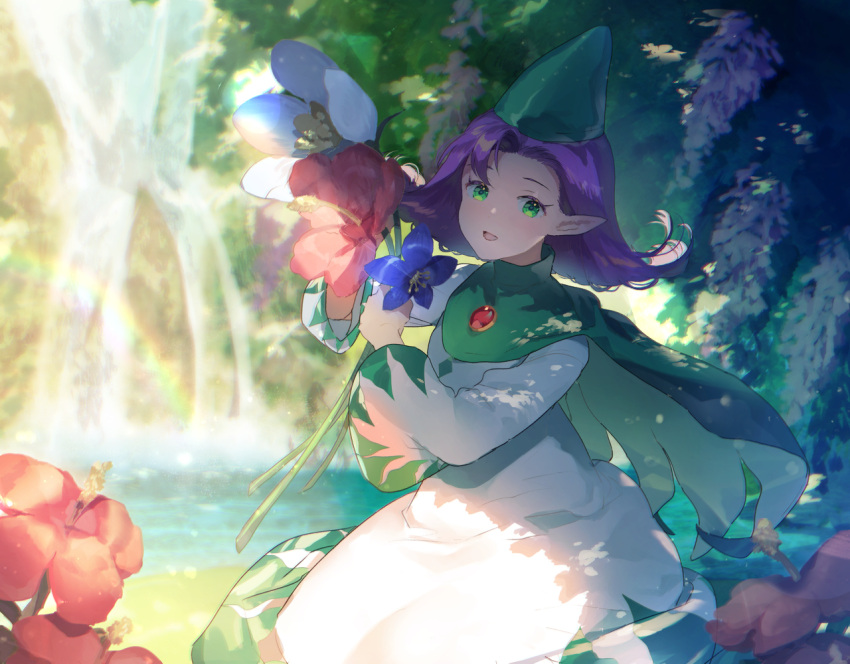 1girl asymmetrical_bangs bangs blue_flower cape chrono_cross dress fairy flower gem green_cape green_eyes hibiscus holding holding_flower kneeling long_dress long_sleeves looking_at_viewer open_mouth outdoors pointy_ears pointy_hat purple_hair razzly_(chrono_cross) red_flower short_hair smile solo sunakumo water waterfall white_flower wide_sleeves