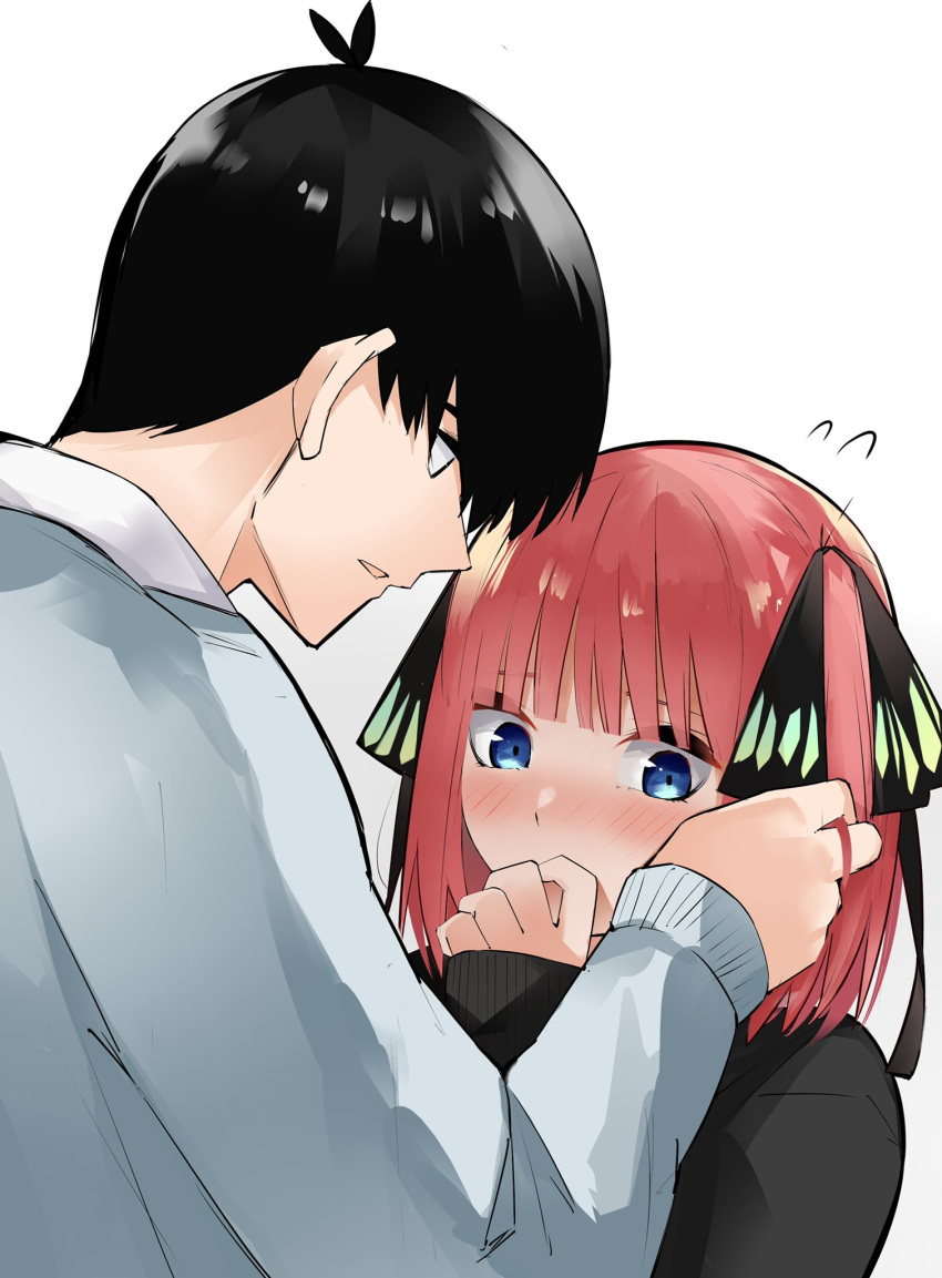 1boy 1girl bangs black_cardigan black_hair black_ribbon blue_cardigan blue_eyes blunt_bangs blush butterfly_hair_ornament cardigan embarrassed eyebrows_behind_hair go-toubun_no_hanayome hair_ornament hand_to_own_mouth highres holding_another's_hair looking_at_another looking_away mame1645 nakano_nino pink_hair raised_eyebrows ribbon school_uniform shirt simple_background sleeves_past_wrists twintails uesugi_fuutarou white_background white_shirt