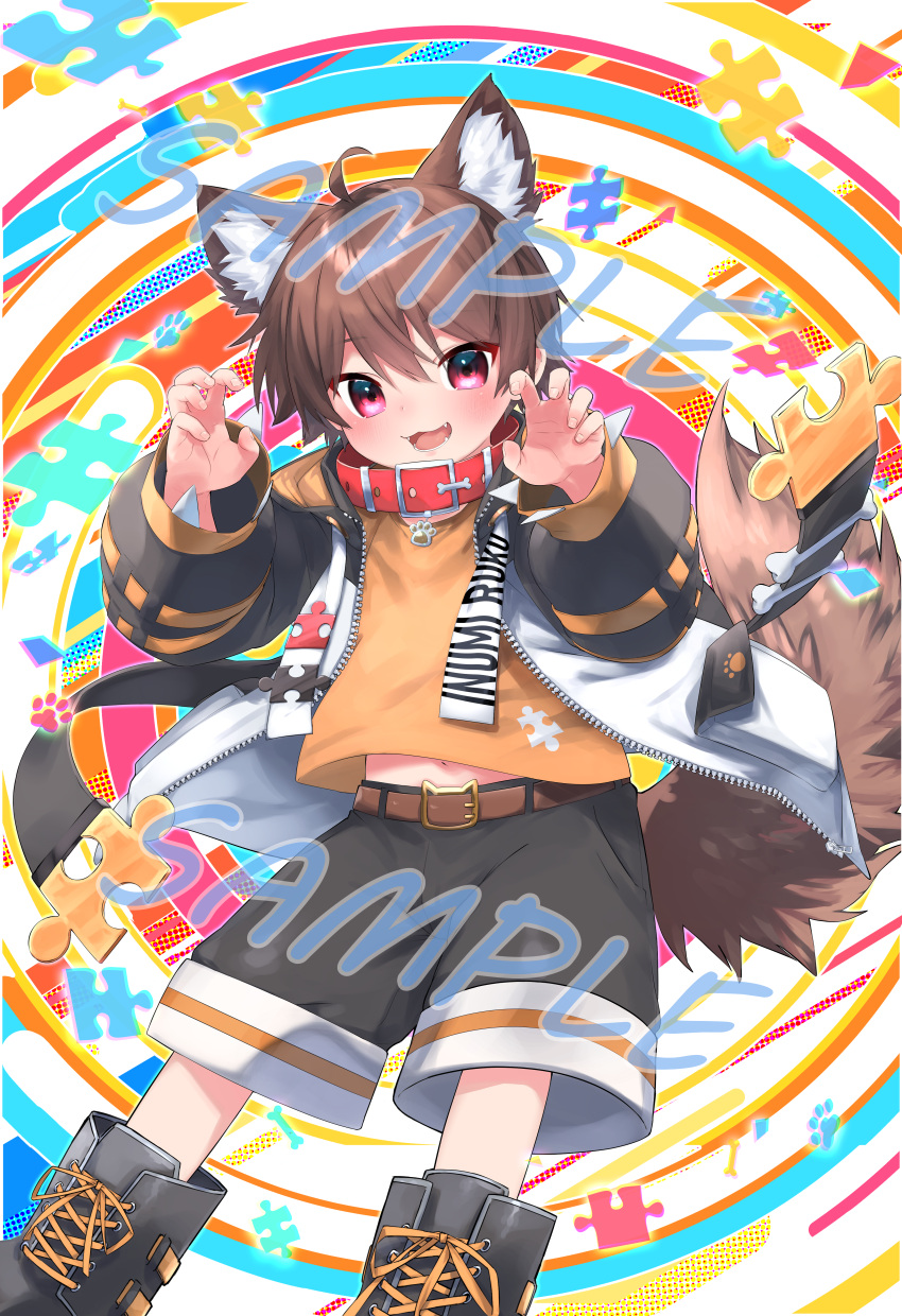 1boy absurdres animal_ears blush boots brown_hair collar dog_boy dog_ears dog_tail ezumomo highres indie_virtual_youtuber inumi_ruku jacket long_sleeves looking_at_viewer male_focus multicolored_background official_art open_mouth orange_shirt pink_eyes shirt short_hair shorts solo tail virtual_youtuber