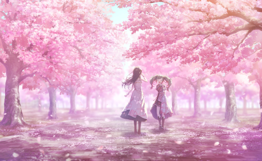 2girls ^_^ adjusting_hair arms_behind_back bangs bare_arms belt black_hair black_ribbon black_skirt blue_sky blurry blurry_background boots brown_footwear buttons cherry_blossom_print cherry_blossoms closed_eyes closed_mouth colored_tips colorful_palette cross-laced_footwear dappled_sunlight day double-breasted dress floating_hair floor floral_print flower from_behind green_hair happy hatsune_miku headset highres horizontal_pupils hoshino_ichika_(project_sekai) knee_boots lace-up_boots leo/need_(project_sekai) long_dress long_hair multicolored_hair multiple_girls neck_ribbon official_art open_mouth outdoors paperclip_hair_ornament park petals pink_belt pink_flower pink_hair pink_theme pleated_dress pleated_skirt project_sekai ribbon shadow short_sleeves sidelocks single_horizontal_stripe skirt sky sleeveless sleeveless_dress spring_(season) stone_floor streaked_hair striped striped_ribbon sunlight swept_bangs tree twintails vanishing_point vocaloid white_belt white_dress wide_shot wing_collar wrist_cuffs