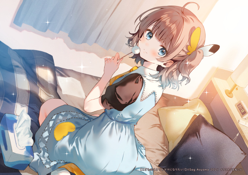 1girl analog_clock black_shirt blue_dress blue_eyes breasts brown_hair butterfly_hair_ornament clock commentary_request cotton_ball curtains dress full_body hair_ornament hanekoto indoors kodomo_no_mama_demo_mama_ni_naritai! lamp looking_at_viewer looking_back medium_breasts misaki_(kodomama) necktie on_bed one_side_up pillow puffy_short_sleeves puffy_sleeves ribbon-trimmed_collar ribbon_trim shirt short_sleeves sitting sitting_on_bed smile solo sparkle wariza yellow_necktie