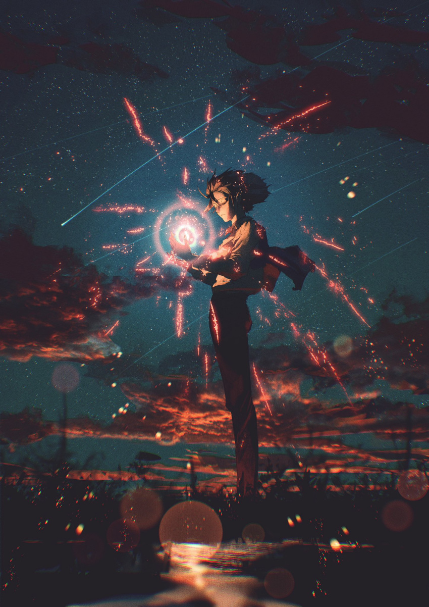 1boy closed_eyes clouds cloudy_sky collar comet commentary_request grass hands_up highres howl_(howl_no_ugoku_shiro) howl_no_ugoku_shiro lens_flare neg_(101neg) night night_sky open_hands pants shirt short_hair sky sleeves_past_elbows solo standing star_(sky) starry_sky studio_ghibli