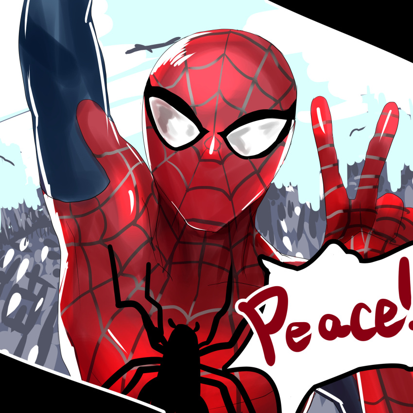 1boy aircraft airplane bodysuit commentary_request english_text highres jonasan_(bad-t) male_focus marvel one-hour_drawing_challenge red_bodysuit solo spider-man spider-man_(series) spider_web_print superhero upper_body