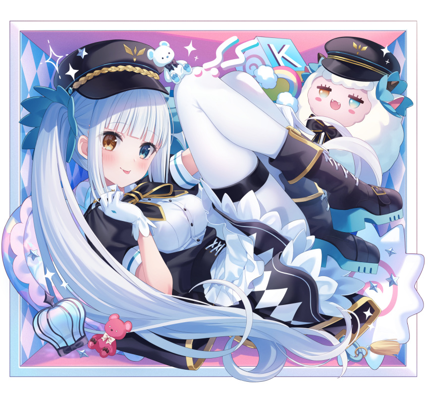 1girl bed boots commentary_request gloves heterochromia highres jimmy_madomagi kagura_gumi kagura_mea long_hair military military_uniform pantyhose solo stuffed_animal stuffed_toy tongue tongue_out twintails uniform virtual_youtuber white_hair white_legwear