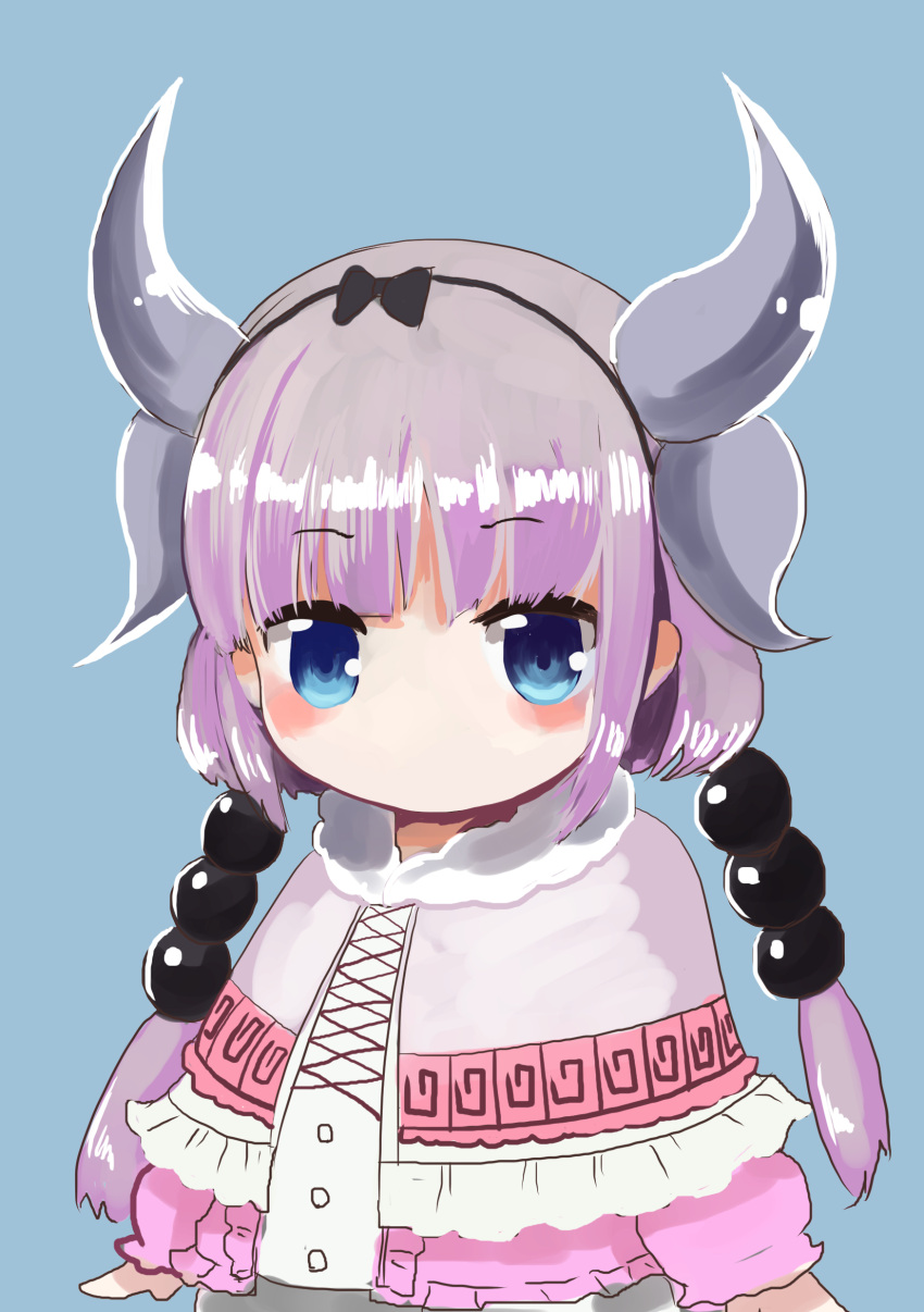 1girl absurdres bangs beads blue_eyes blunt_bangs blush child commentary_request dragon_girl dragon_horns grey_horns hair_beads hair_ornament hairband highres horns jonasan_(bad-t) kanna_kamui kobayashi-san_chi_no_maidragon long_hair looking_at_viewer no_mouth one-hour_drawing_challenge pink_hair simple_background solo twintails upper_body