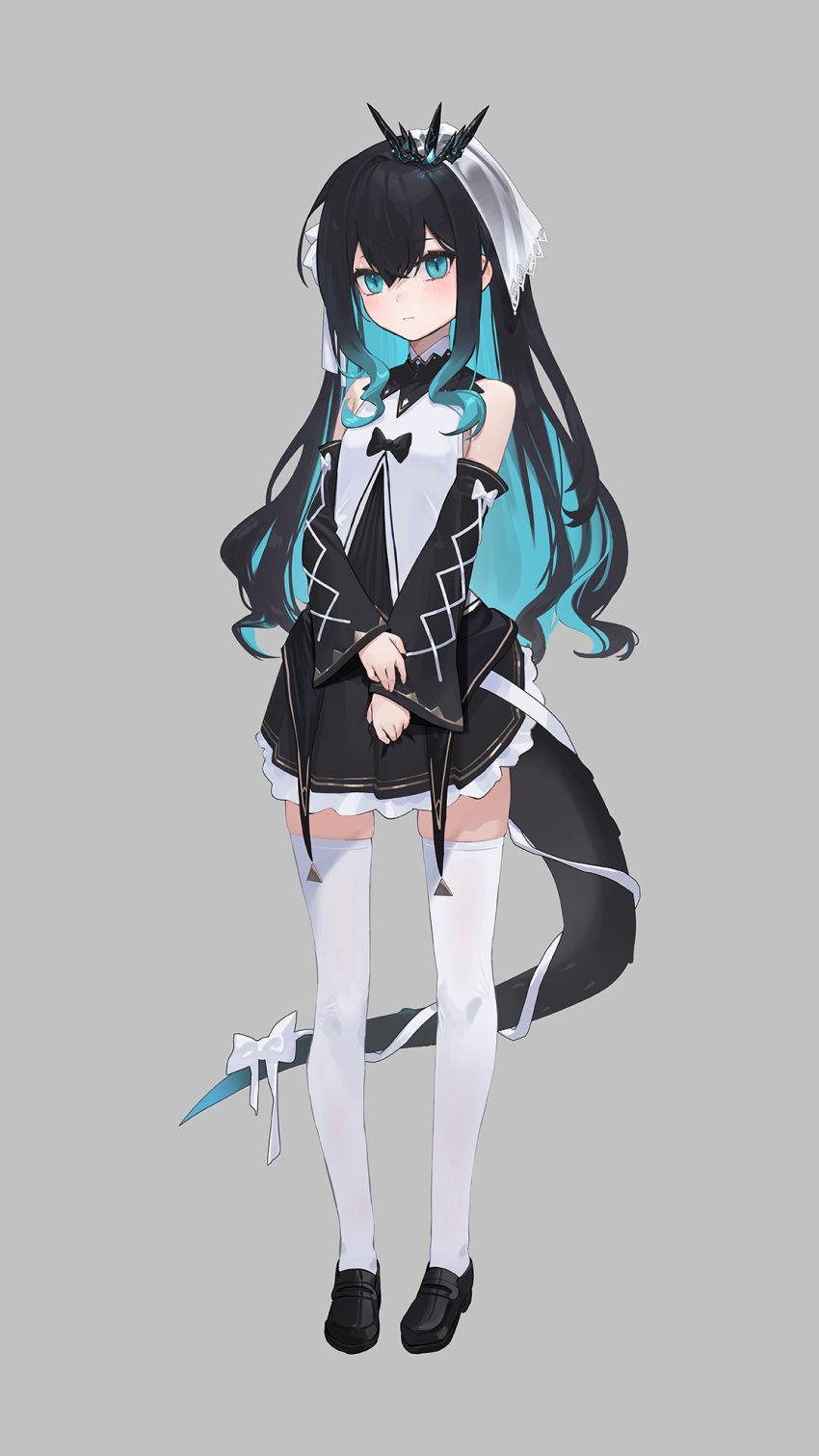 1girl black_dress black_footwear black_hair blue_eyes blue_hair blush closed_mouth colored_inner_hair crown detached_sleeves dress full_body grey_background haiz_(vtuber) highres long_sleeves looking_at_viewer monstar_(company) multicolored_hair shoes short_dress simple_background skindentation slit_pupils solo tail thigh-highs two-tone_hair veil white_legwear whitem_(whiteemperor2020) zettai_ryouiki