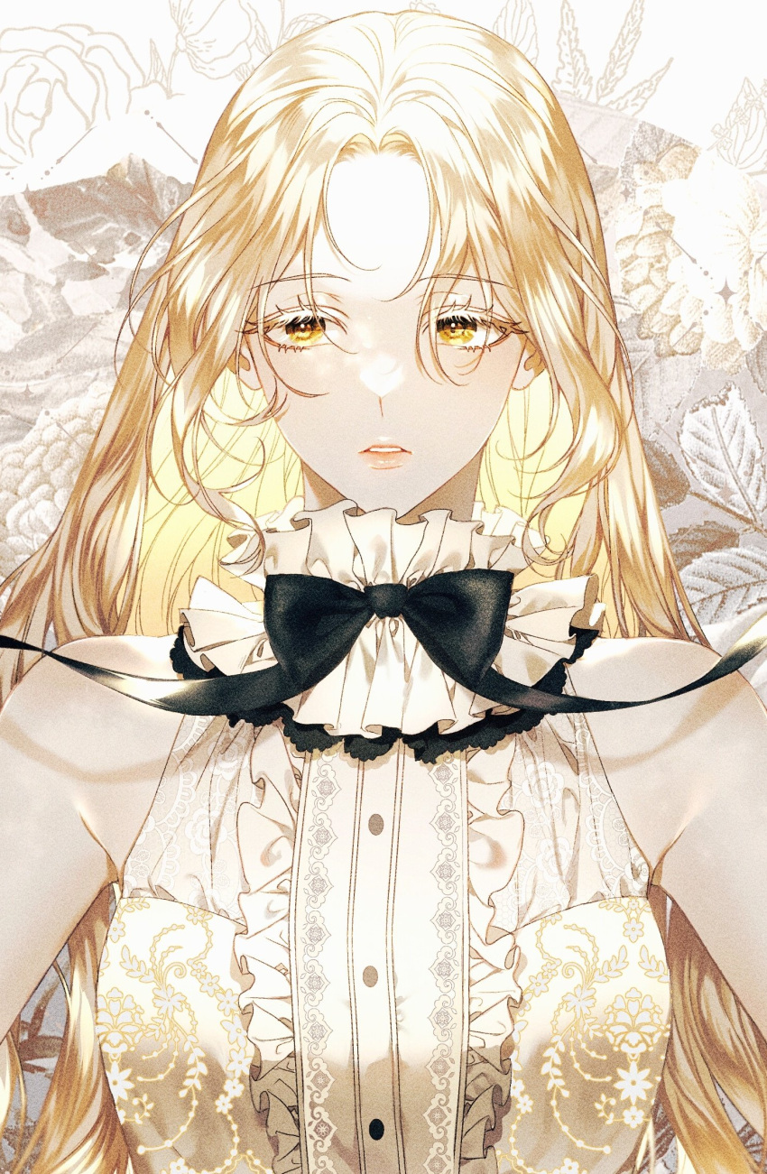 1girl black_bow blonde_hair bow copyright_request ea_ateu frilled_shirt_collar frills highres jewelry long_hair print_shirt shirt solo source_request yellow_eyes