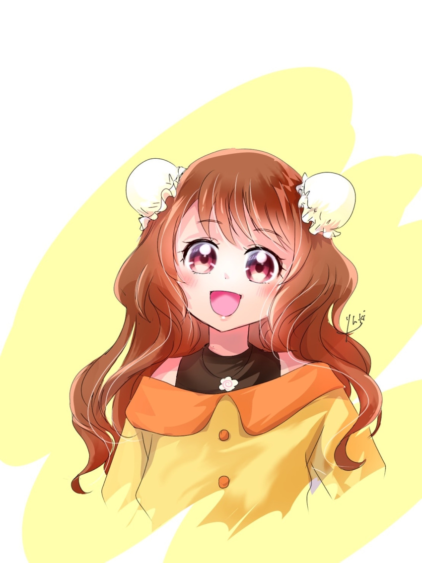 1girl :d alternate_hair_length alternate_hairstyle bangs blush brown_hair bun_cover cropped_torso delicious_party_precure floating_hair hanamichi_ran highres long_hair looking_at_viewer manekineko5319 off-shoulder_shirt off_shoulder open_mouth precure red_eyes shiny shiny_hair shirt smile solo very_long_hair yellow_shirt