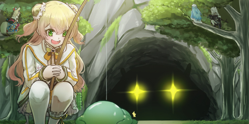 absurdres ahoge animal_ears bangs bbyau_(yoyosobadgril) black_jacket blonde_hair blue_hair double_bun fishing_rod flower forest fox_ears fox_girl glowing glowing_eyes gradient_hair green_eyes hair_bun hair_flower hair_ornament hiding highres hololive hololive_alternative jacket lion_girl long_hair momosuzu_nene multicolored_hair multiple_girls nature omaru_polka open_mouth pink_hair shishiro_botan squatting streaked_hair tree two_side_up virtual_youtuber yukihana_lamy