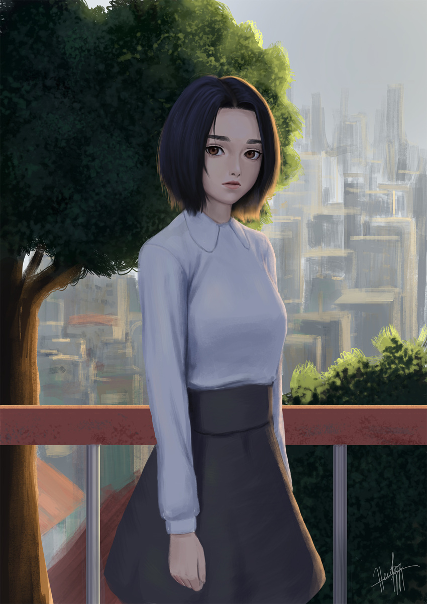 1girl arms_at_sides black_hair brown_eyes carlo_montie cityscape highres lips long_sleeves looking_at_viewer nostrils original rooftop shirt shirt_tucked_in skirt sunlight tree white_shirt