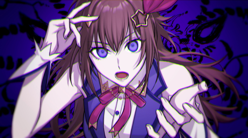 1girl bangs bare_shoulders blue_eyes bocca_della_verita_(vocaloid) brown_hair commentary_request dress_shirt hair_ornament hololive long_hair looking_at_viewer neck_ribbon official_art ohagi_(ymnky) open_clothes open_mouth ribbon shirt sleeveless sleeveless_shirt solo star_(symbol) star_hair_ornament tokino_sora upper_body virtual_youtuber white_shirt wrist_cuffs