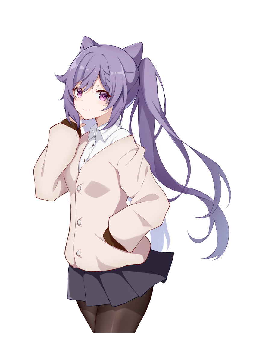 1girl absurdres arm_up bangs black_legwear breasts eyebrows_behind_hair genshin_impact hair_between_eyes highres keqing_(genshin_impact) long_hair looking_at_viewer purple_hair school_uniform shirt shixuexiao simple_background skirt solo sweater sweater_vest thigh-highs twintails violet_eyes white_background