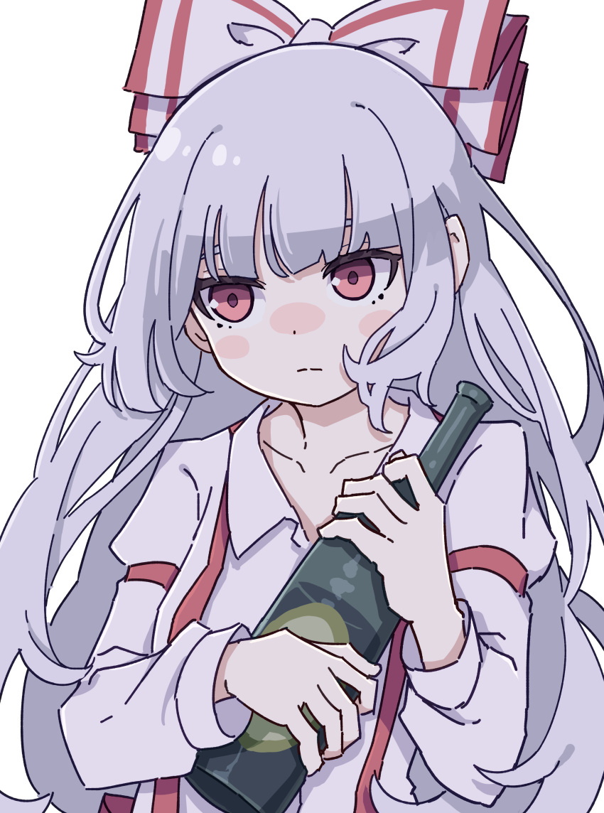 1girl absurdres blush_stickers bottle bow closed_mouth collarbone collared_shirt fujiwara_no_mokou hair_bow highres holding holding_bottle kame_(kamepan44231) long_hair long_sleeves one-hour_drawing_challenge red_eyes shirt simple_background solo touhou upper_body white_background white_bow white_hair white_shirt
