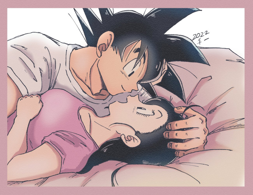 1boy 1girl bed black_eyes black_hair chi-chi_(dragon_ball) chi_(cmon_57) commentary_request couple dragon_ball hetero husband_and_wife looking_at_another married muscular open_mouth saiyan short_hair smile son_goku spiky_hair