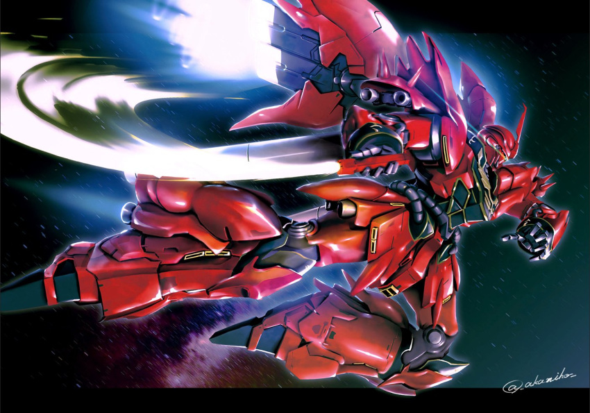 akamiho beam_saber flying green_eyes gundam gundam_unicorn holding holding_sword holding_weapon mecha mobile_suit no_humans one-eyed robot science_fiction sinanju solo space sword weapon