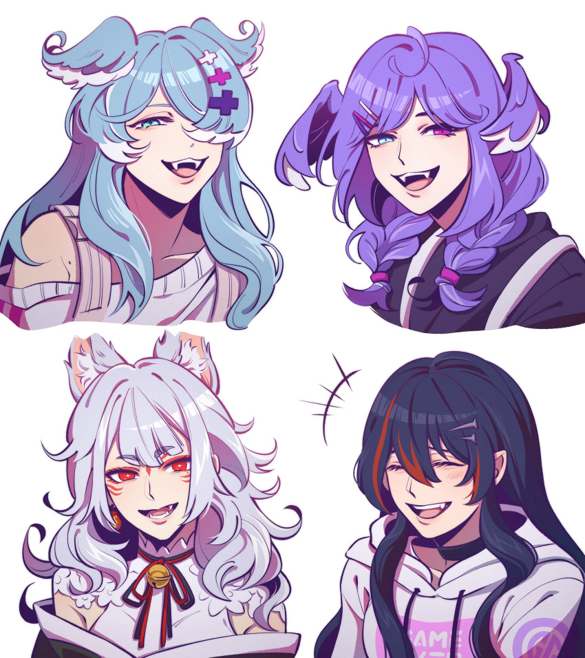 4girls ^_^ absurdres animal_ear_fluff animal_ears bell black_hair black_ribbon black_sweater braid closed_eyes elira_pendora fangs fox_ears fox_girl grey_hair hair_behind_ear hair_over_one_eye head_wings heterochromia highres lacka long_hair looking_at_viewer medium_hair mika_melatika mole multicolored_hair multiple_girls neck_bell neck_ribbon nijisanji nijisanji_en nijisanji_id nina_kosaka open_mouth overalls pointy_ears portrait red_eyes red_ribbon redhead ribbon selen_tatsuki siblings sisters smile streaked_hair sweater twin_braids virtual_youtuber white_sweater