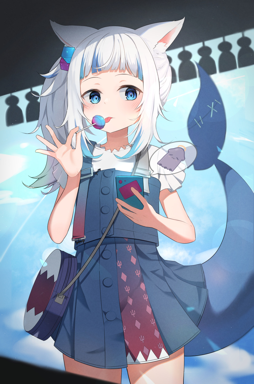1girl absurdres animal_ears bag bangs blue_eyes blue_hair blunt_bangs candy casual cat_ears cellphone fish_tail food gawr_gura highres hololive hololive_english lollipop medium_hair multicolored_hair official_alternate_costume phone shark_girl shark_tail short_sleeves shoulder_bag side_ponytail smartphone solo streaked_hair tail tako_(ninomae_ina'nis) three_twosix tongue tongue_out virtual_youtuber white_hair