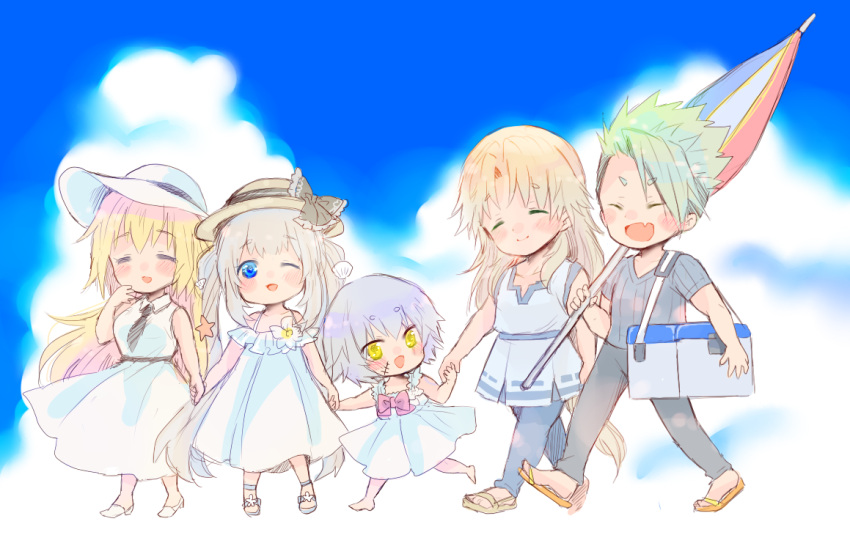 2boys 3girls :d =_= ^_^ achilles_(fate) ayako_(nekomomo) barefoot black_necktie black_pants blonde_hair blue_eyes blue_pants blue_sky blue_tunic blush bow bowtie chibi chiron_(fate) closed_eyes closed_umbrella clouds cooler curtained_hair dress fang fate/grand_order fate_(series) flip-flops full_body green_hair grey_hair grey_shirt hair_between_eyes hand_to_own_mouth happy hat hat_bow holding holding_hands holding_umbrella horse_tail jack_the_ripper_(fate/apocrypha) jeanne_d'arc_(fate) long_hair looking_at_another looking_at_viewer marie_antoinette_(fate) marie_antoinette_(swimsuit_caster)_(second_ascension)_(fate) multiple_boys multiple_girls necktie off-shoulder_dress off_shoulder one_eye_closed pants parasol pink_bow pink_bowtie sandals shirt short_hair short_sleeves skin_fang sky sleeveless sleeveless_dress smile stitches sun_hat tail twintails umbrella v-neck walking white_dress white_hair white_headwear yellow_eyes