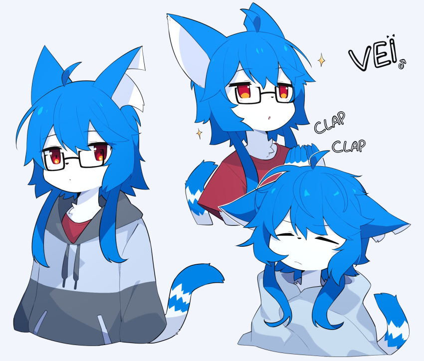 animal_ears blue_hair blush cat cat_ears cat_tail clapping closed_eyes closed_mouth devil-vox furry furry_female glasses highres jacket open_mouth original tail white_fur