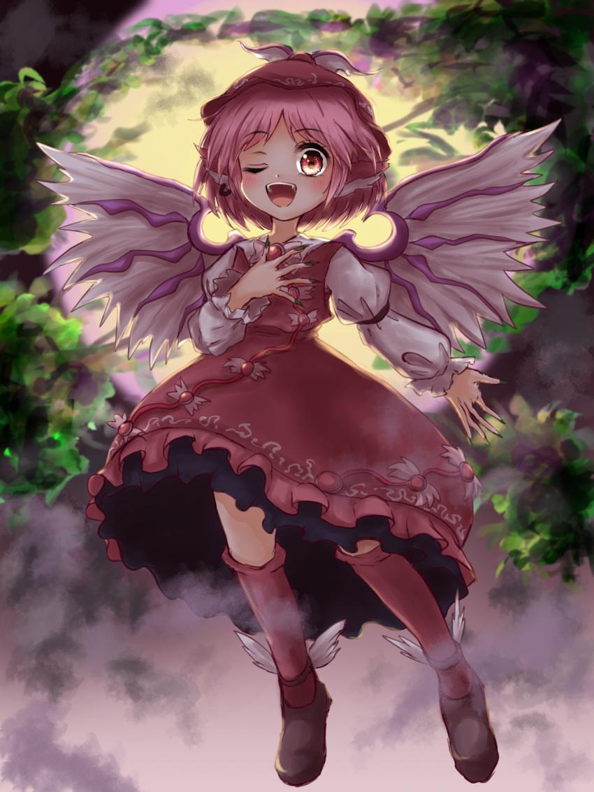 1girl animal_ears bad_id bad_pixiv_id bird_ears bird_wings black_footwear blush brown_dress brown_headwear brown_legwear dress fingernails frilled_dress frills full_body green_nails highres juliet_sleeves kayon_(touzoku) kneehighs long_fingernails long_sleeves mystia_lorelei nail_polish one_eye_closed open_mouth pink_eyes pink_hair puffy_sleeves sharp_fingernails shoes short_hair smile solo touhou white_wings winged_footwear winged_hat wings