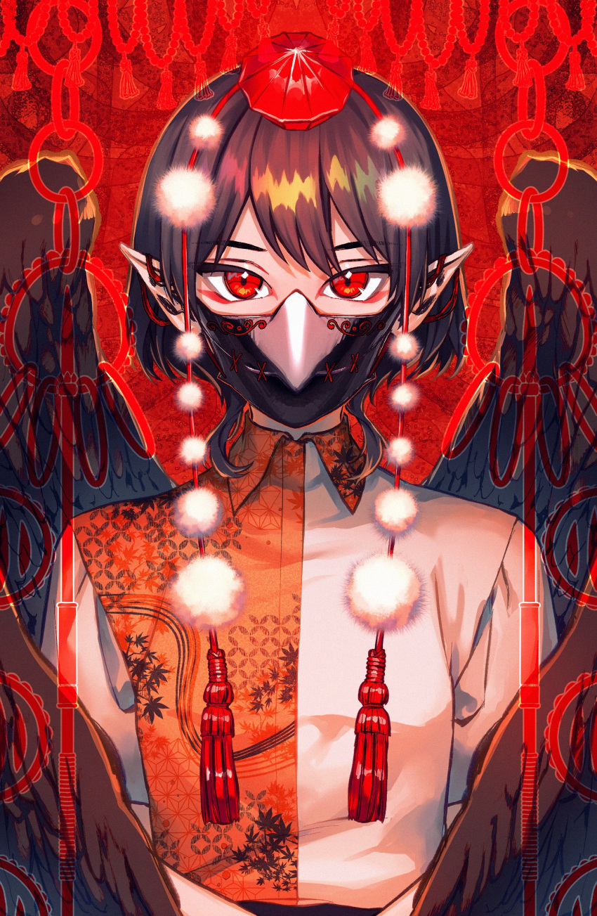 1girl bangs bird_wings black_hair black_mask black_wings collared_shirt commentary eyeshadow facing_viewer hat heshiko_disco highres leaf_print looking_at_viewer makeup mask mouth_mask orange_shirt pointy_ears pom_pom_(clothes) red_eyes shameimaru_aya shirt short_hair solo stitches tassel tokin_hat touhou two-tone_shirt upper_body white_shirt wing_collar wings