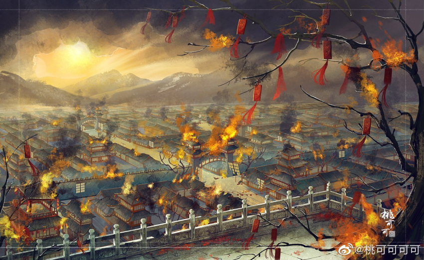 architecture bare_tree black_clouds branch building burning east_asian_architecture fence fire from_above gate leaf maple_leaf mountain original plaque smoke streamers tao_kekekeke town tree wall yellow_sky