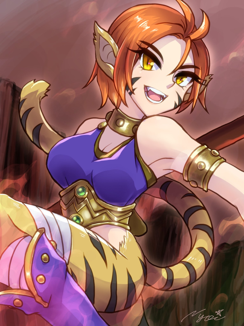 1girl animal_ears bandages boots bottomless breath_of_fire breath_of_fire_ii bustier cat_ears cat_girl facial_mark fangs highres orange_hair rinpoo_chuan short_hair slit_pupils smile staff tail tiger_tail yellow_eyes