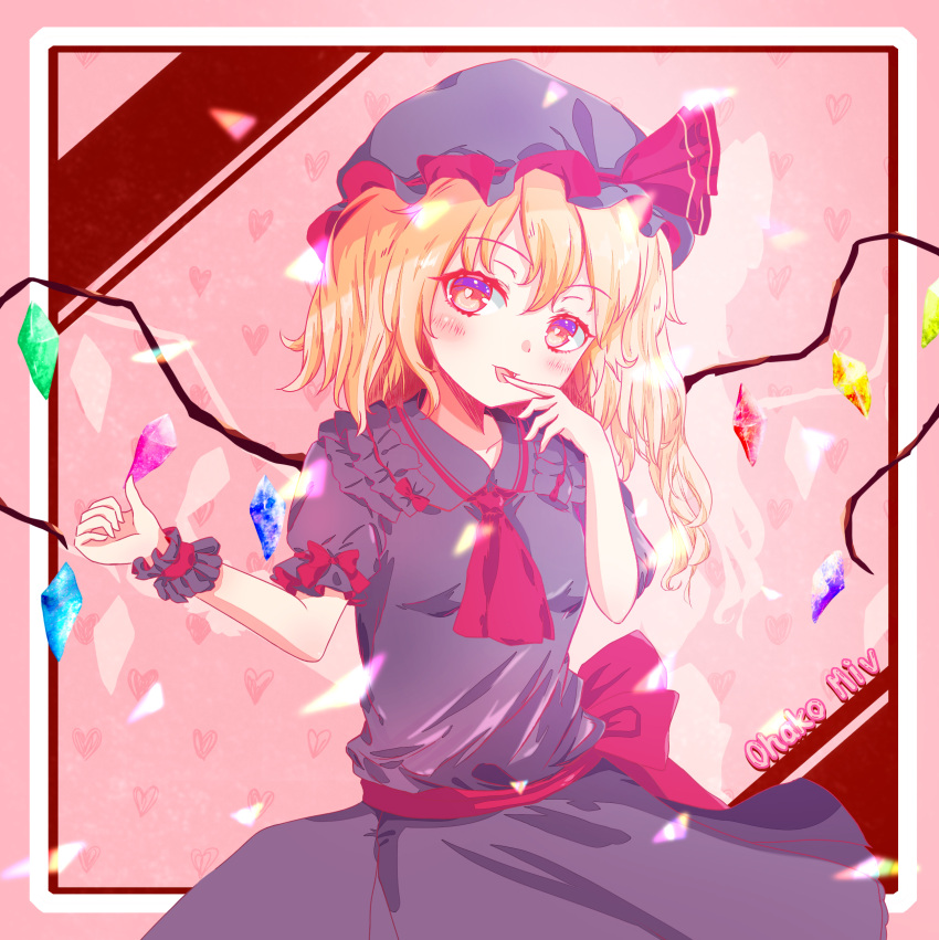 1girl absurdres adapted_costume artist_name ascot back_bow blonde_hair bow collarbone collared_shirt commentary_request cowboy_shot finger_to_mouth flandre_scarlet frilled_shirt_collar frills hair_between_eyes hat head_tilt heart heart-shaped_pupils heart_background highres licking licking_finger looking_at_viewer medium_hair mob_cap multicolored_wings ohako_miyu pink_background purple_headwear purple_shirt purple_skirt red_ascot red_bow red_eyes shirt side_ponytail skirt solo symbol-shaped_pupils touhou wings wrist_cuffs