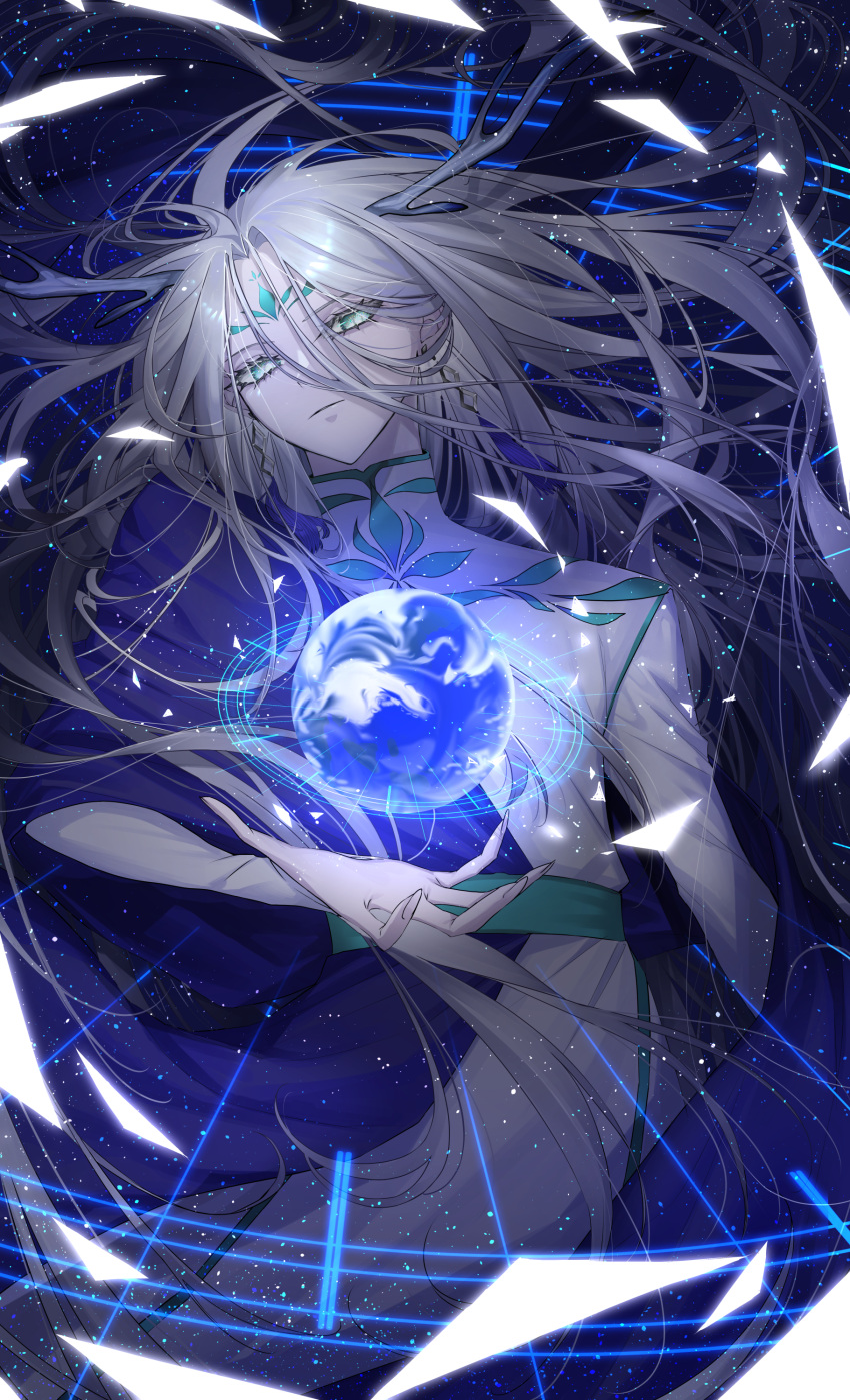 1boy absurdres blue_eyes chocolate4170615 closed_mouth colored_eyelashes earrings facial_mark forehead_mark grey_hair highres jewelry long_hair long_sleeves looking_at_viewer male_focus orb original sky solo star_(sky) starry_sky very_long_hair