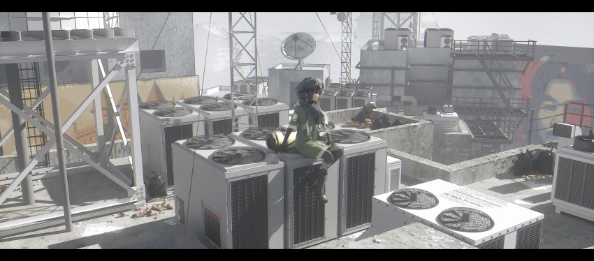 1girl absurdres air_conditioner bangeningmeng black_footwear black_gloves black_hair boots building commentary english_commentary gloves goggles goggles_on_head green_shirt highres ladder letterboxed original outdoors radio_tower red_eyes rooftop satellite_dish scenery shadow shirt short_hair short_sleeves sitting solo stairs trash_bag
