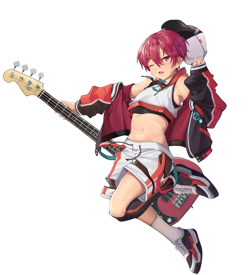 1boy abs absurdres bass_guitar crop_top guitar guppydaze hat highres instrument looking_to_the_side male_focus one_eye_closed open_mouth original redhead shirt shoes short_hair shorts sneakers socks solo standing tachi-e violet_eyes white_shirt white_shorts