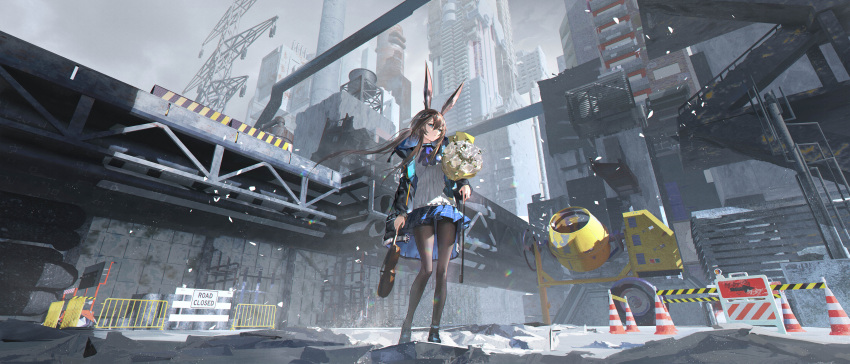 1girl absurdres amiya_(arknights) animal_ear_fluff animal_ears anklet arknights ascot black_coat black_legwear blue_ascot blue_eyes blue_skirt bouquet brown_hair building cement_mixer city closed_mouth coat construction_site day english_text expressionless floating_hair flower highres holding holding_bouquet holding_instrument instrument jewelry light_particles long_hair long_sleeves looking_at_viewer miniskirt open_clothes open_coat outdoors pantyhose plaid plaid_skirt pleated_skirt ponytail pylon rabbit_ears rose shirt sidelocks sign skirt solo stairs very_long_hair violin white_flower white_rose white_shirt