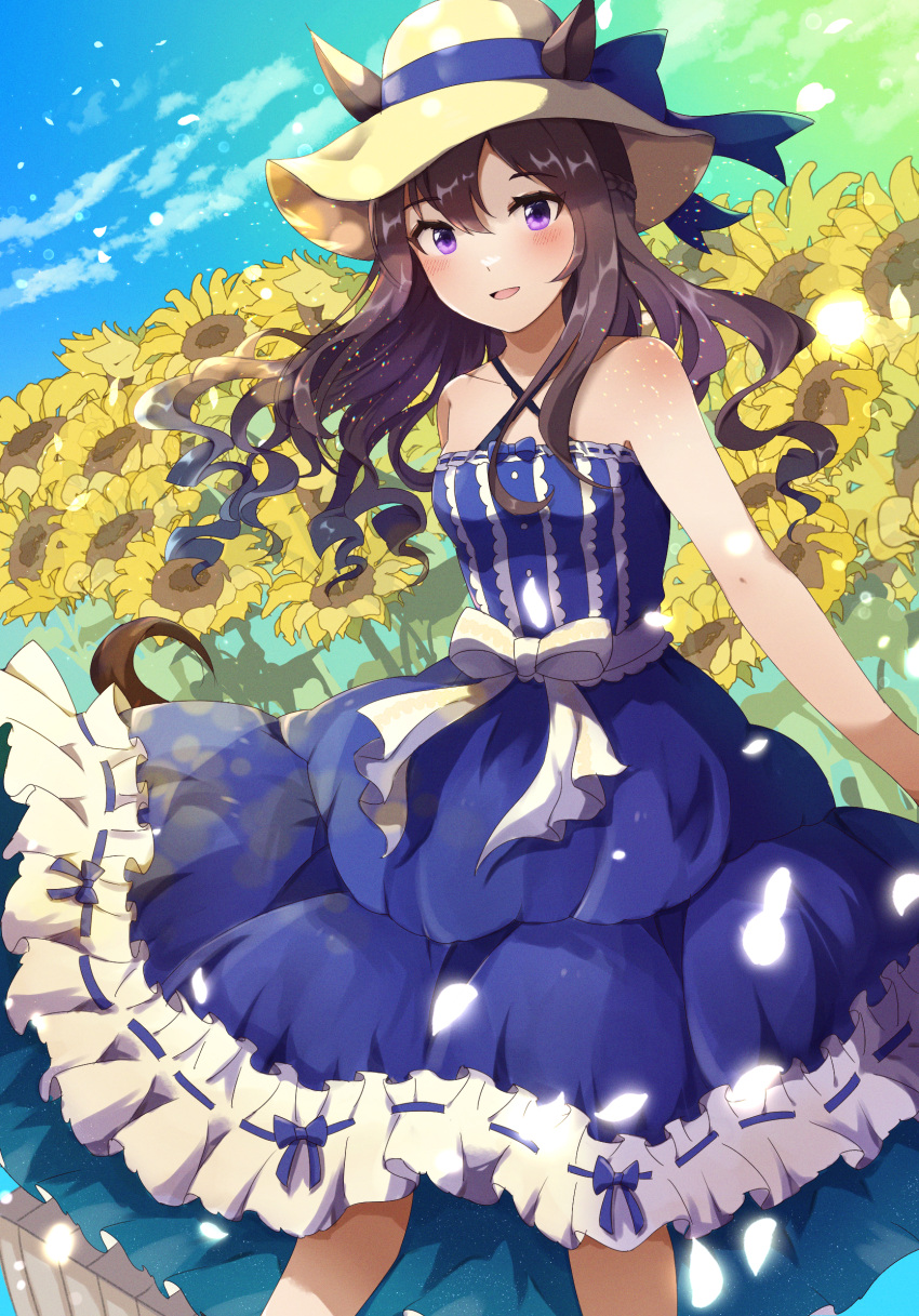 1girl animal_ears black_hair breasts collarbone commentary_request dress field flower flower_field frilled_dress frills hat highres horse_ears horse_girl looking_at_viewer medium_breasts mejiro_dober_(umamusume) mejiro_dober_(vacation_safir)_(umamusume) official_alternate_costume petals ra_mun5239 seek_solve_summer_walk!_(umamusume) sky solo straw_hat sunflower umamusume