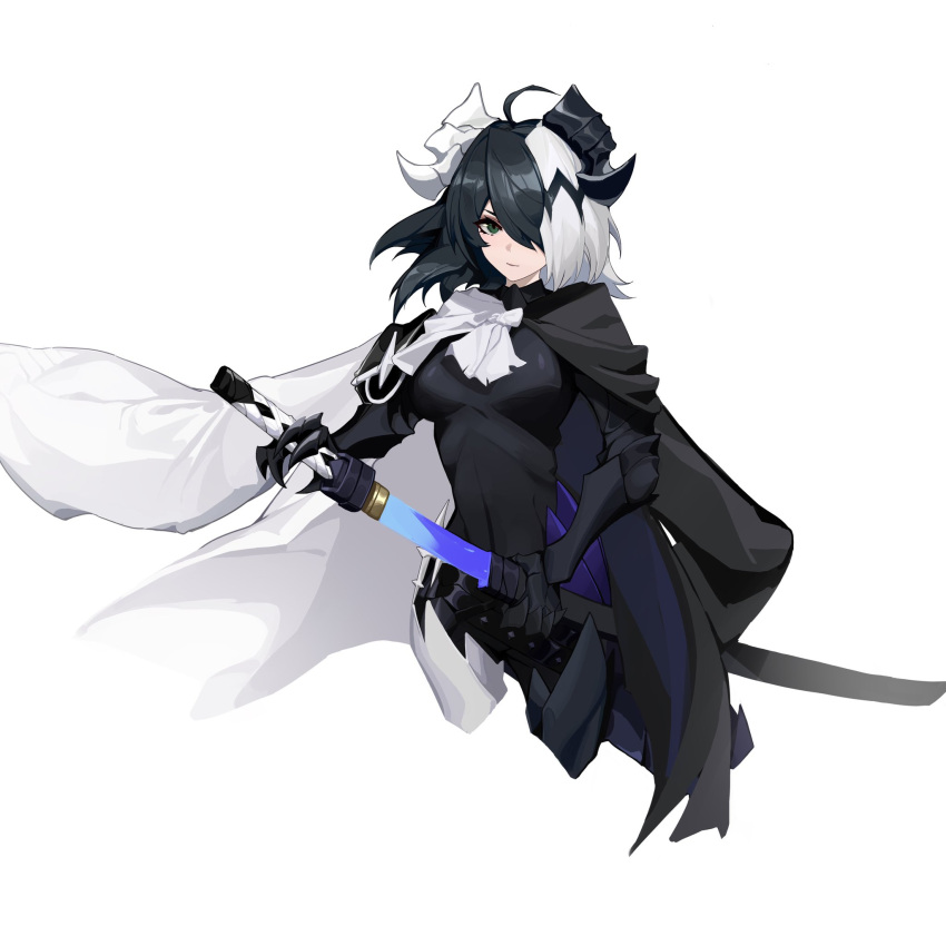 1girl ahoge alchemy_stars armor belt black_armor black_cape black_hair black_horns black_vs_white blush cape chengxiang_dsa clawed_gauntlets closed_mouth eyeshadow gauntlets green_eyes grey_background hair_over_one_eye highres holding holding_sheath holding_sword holding_weapon horns katana makeup medium_hair multicolored_cape multicolored_clothes multicolored_hair purple_eyeshadow scabbard sheath simple_background solo studded_belt sword tight unsheathing weapon white_cape white_hair white_horns