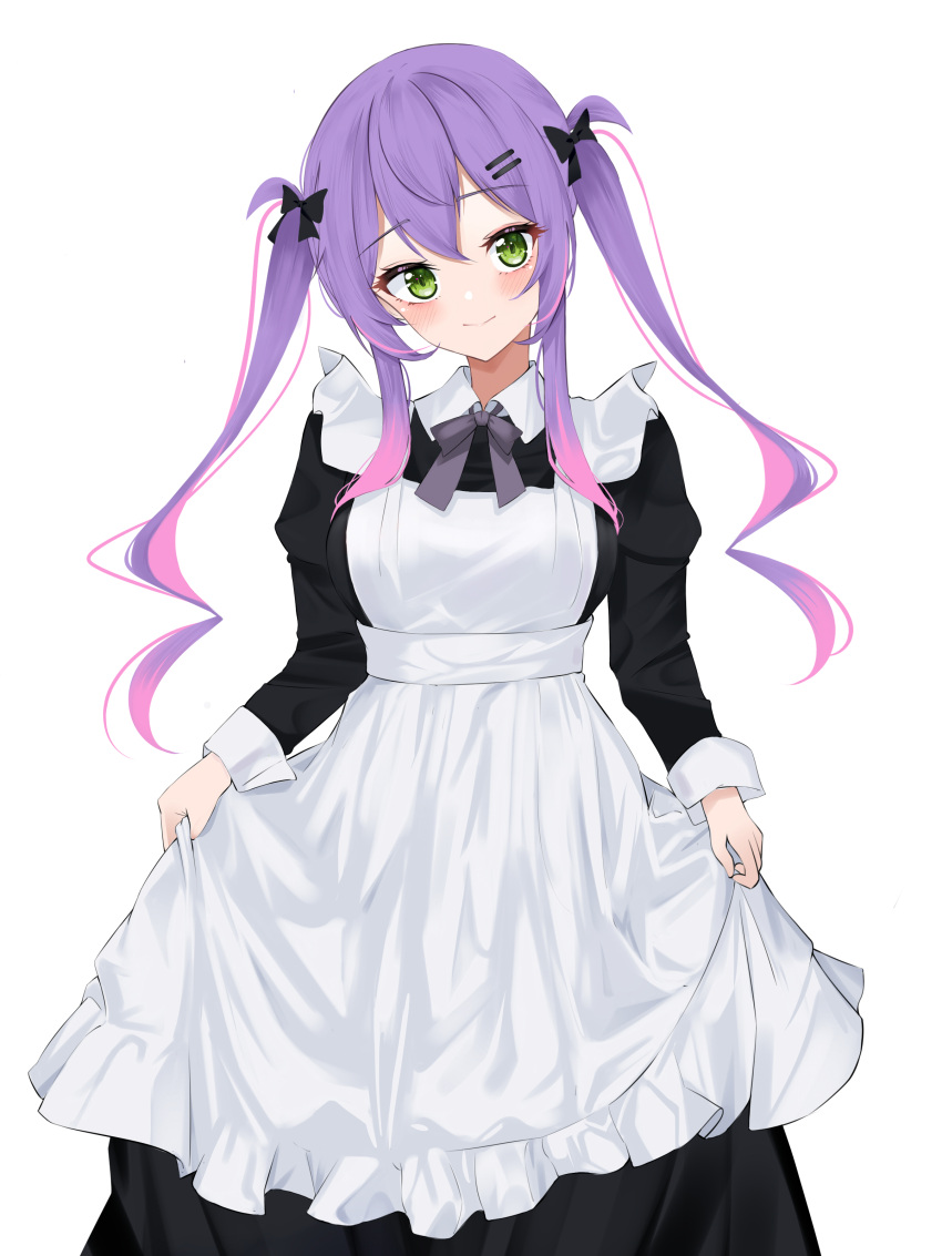 1girl absurdres alternate_costume apron apron_hold black_dress blush closed_mouth colored_inner_hair dreamoon dress enmaided feet_out_of_frame frilled_apron frills gradient_hair green_eyes hair_between_eyes hair_ornament hairclip highres hololive juliet_sleeves long_dress long_hair long_sleeves looking_at_viewer maid maid_apron multicolored_hair pink_hair puffy_sleeves purple_hair sidelocks simple_background skirt_hold sleeve_cuffs smile solo streaked_hair tokoyami_towa twintails victorian_maid virtual_youtuber white_apron